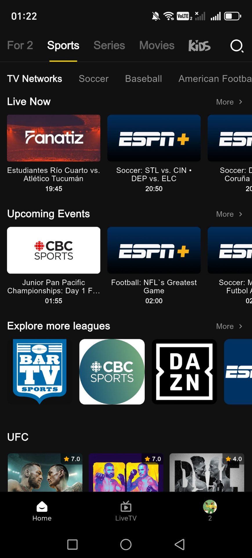 Sports hub with live now, upcoming events and daily updated EPG.